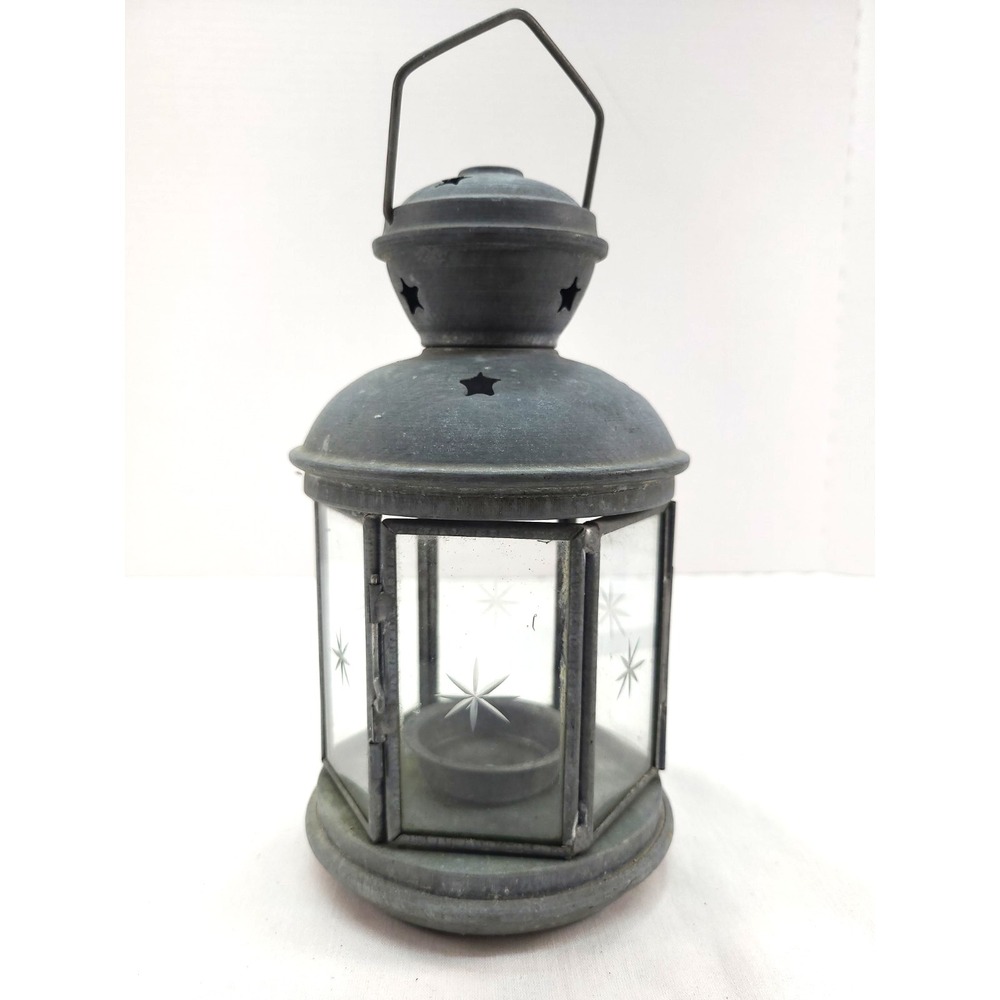 Galvanized Lantern Tealight Candle Holder Star Glass Natural Patina Farm House